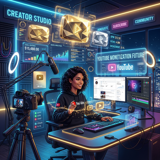 The future of YouTube monetization with high-tech elements and golden play buttons