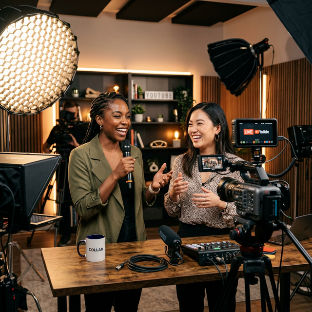 Two YouTube creators collaborating and recording content together on set